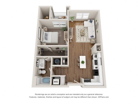 Floor plan for 1 bed, 1 bath, 750 sqft